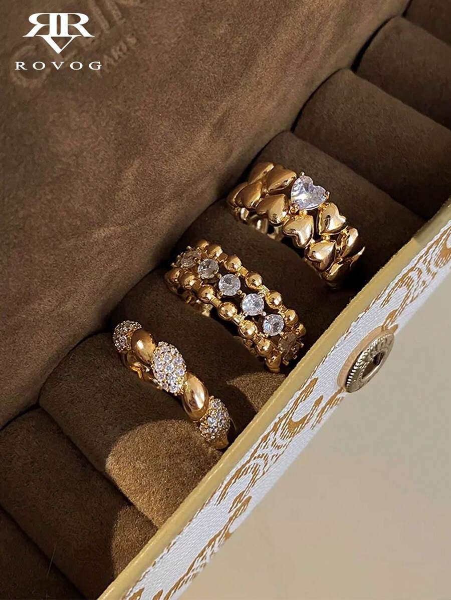 リング レディース セット 3個セット フレンチスタイル 個性的 誇張デザイン 合成ジルコニア インレイ ビンテージ メタルコパー拍卖