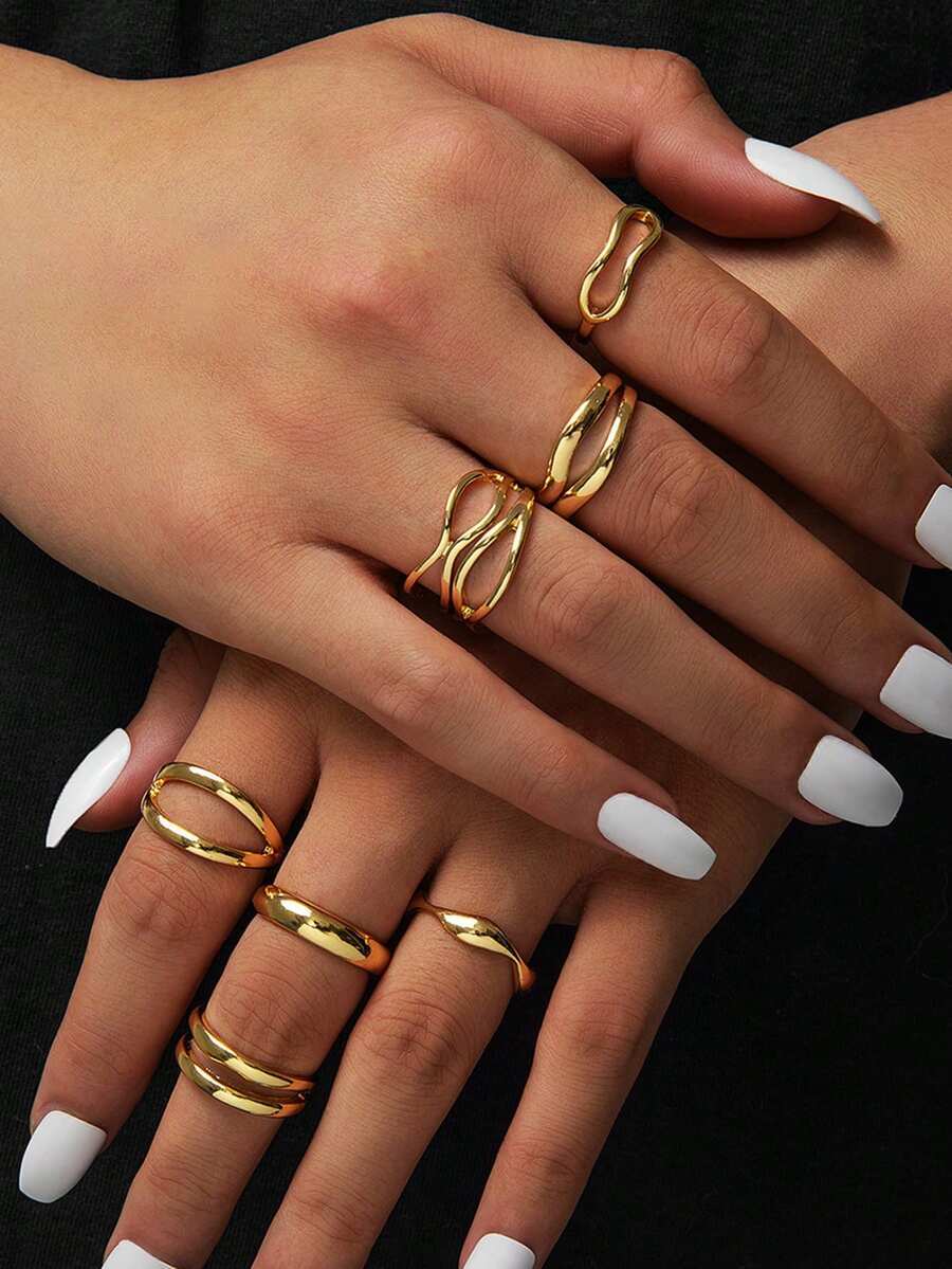リング レディース セット 女性用 ゴールドカラー メタル チャンキーリングセット 7個入り、ミニマリスト クロスリング、重ね付け拍卖