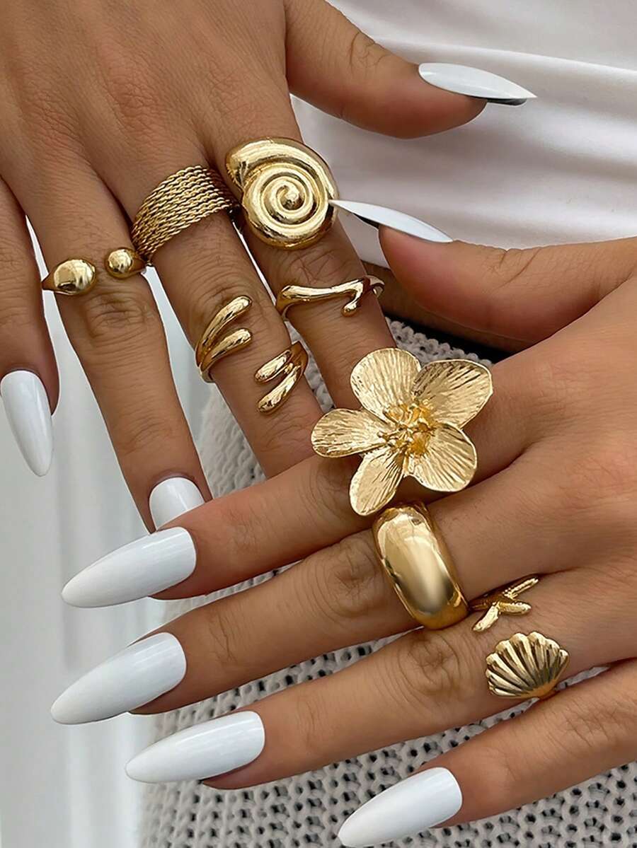 リング レディース セット ビンテージビーチスタイル 真鍮製指輪8個セット ボヘミアン風 星形 貝殻 オープン式 ゴールド パーテ拍卖