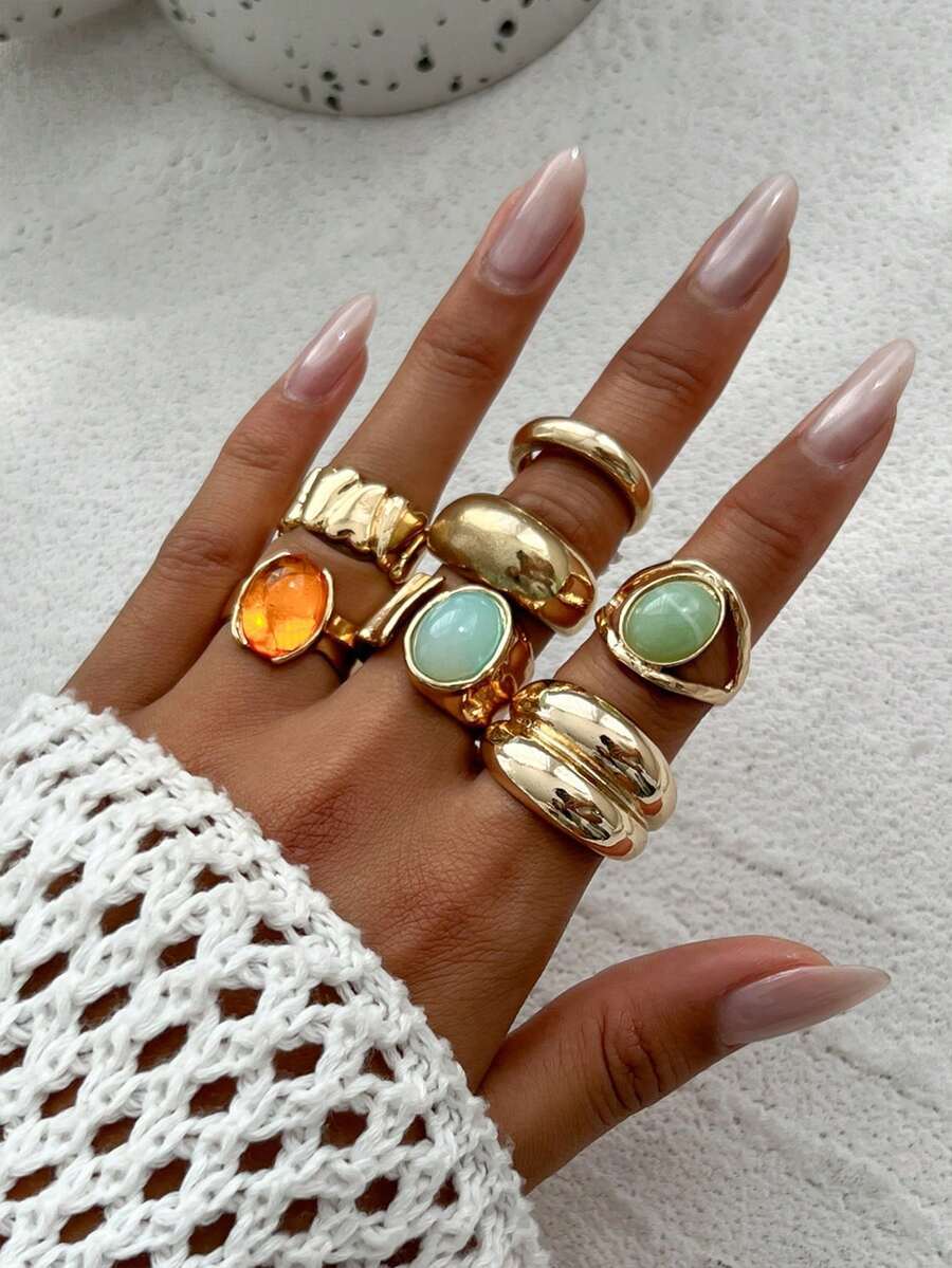 リング レディース セット 7個セット ヴィンテージ ラグジュアリー ラインストーン インレイド リング セット、非対称 厚手 メ拍卖