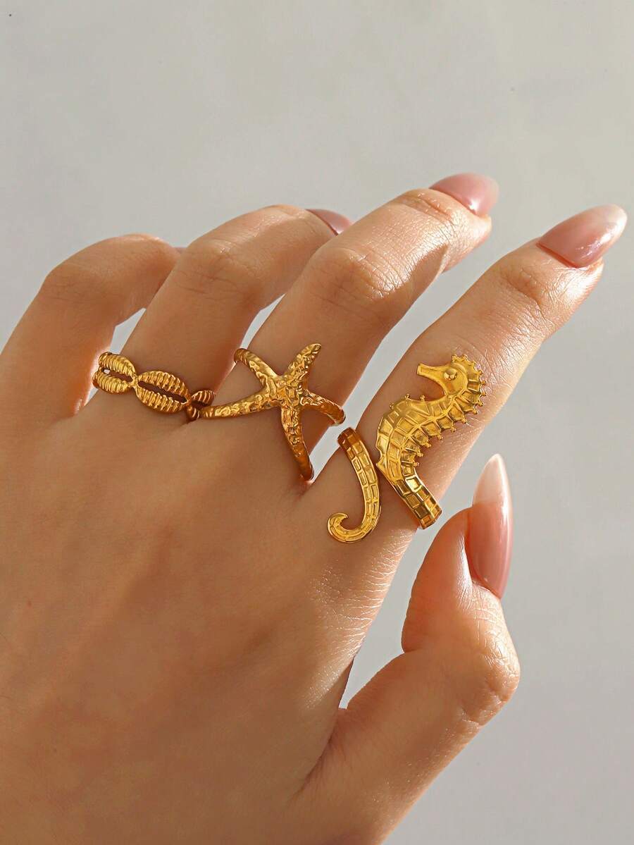 リング レディース セット ステンレス鋼 ファッション 海洋モチーフ ヒトデ、貝殻、タツノオトシゴ リングセット 3個入り、女性の拍卖