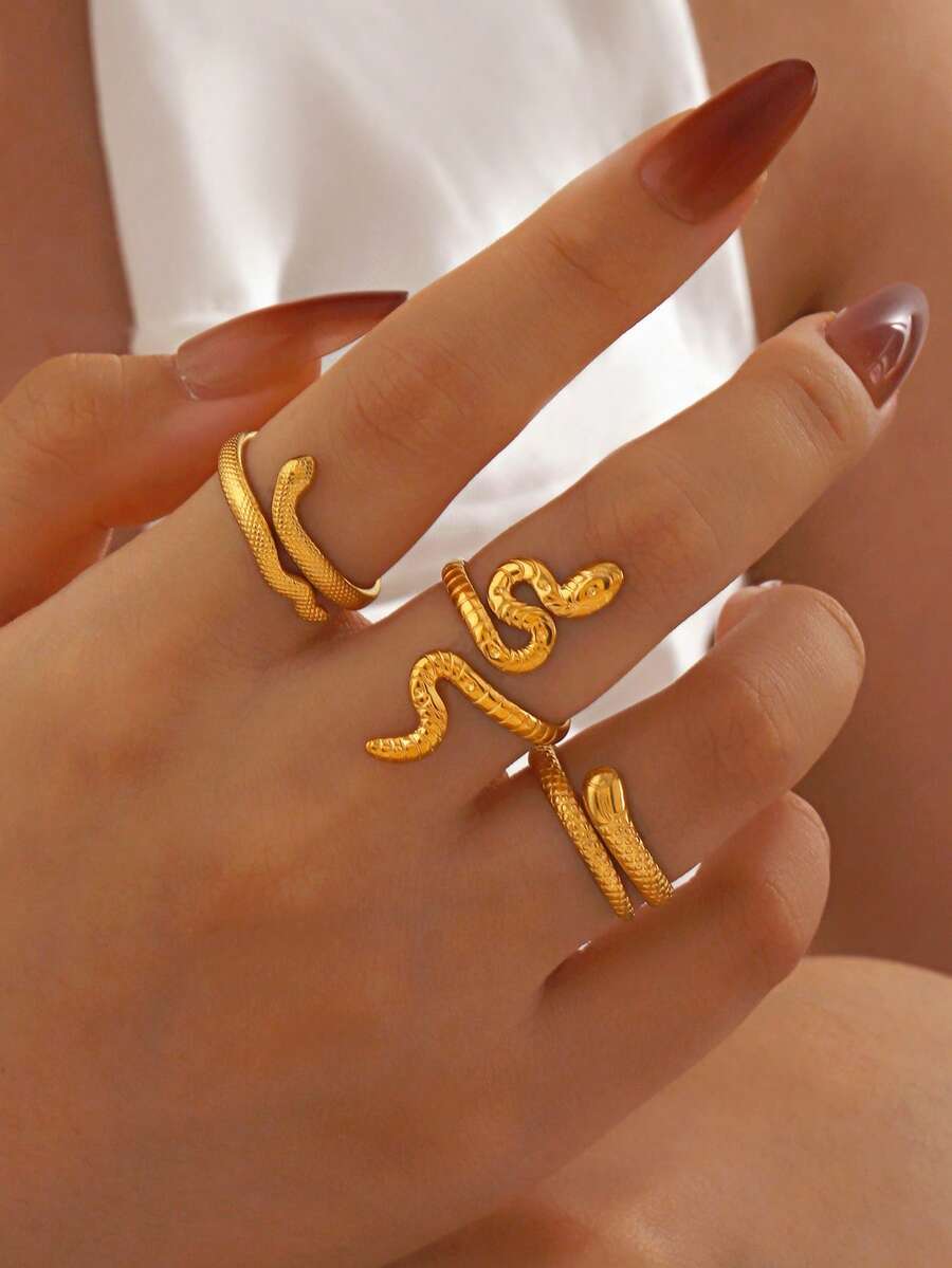 リング レディース セット ステンレス製 18Kゴールドメッキ スネークリング 3個セット、女性の日常着用に適しています拍卖