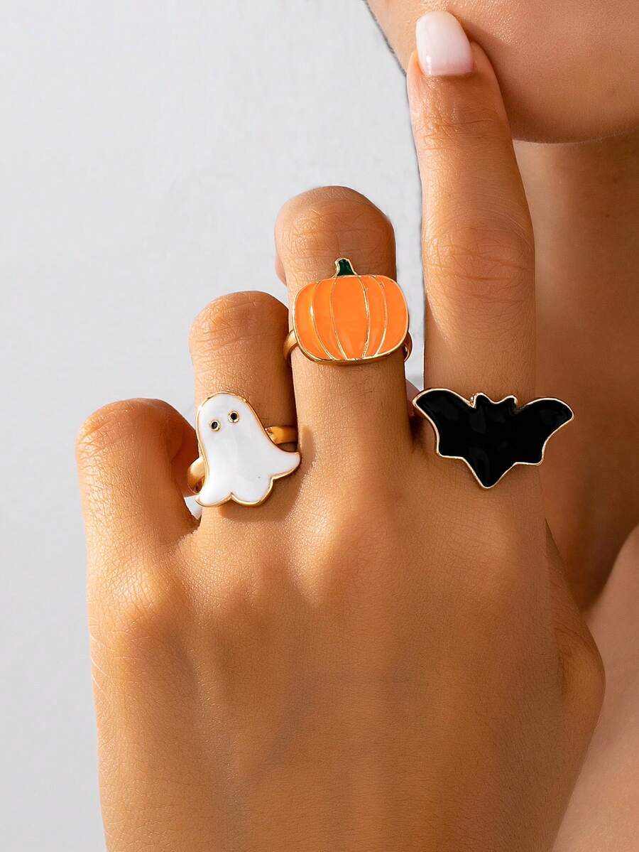 リング レディース セット ユニークなスプーキーオイルドロップゴースト、コウモリ、かぼちゃリングセット3個入り、ハロウィンパーティ拍卖