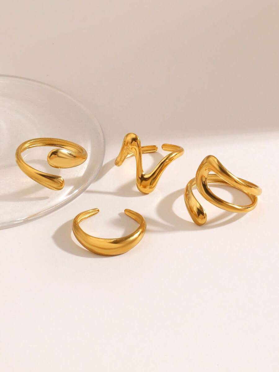 リング レディース セット 18Kゴールドメッキ ステンレス製 ミニマリスト ジオメトリックライン オープンリング 4個セット、女拍卖