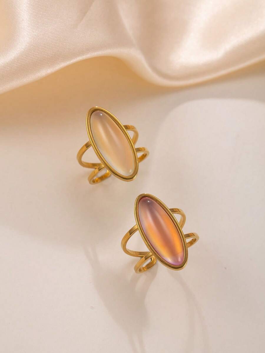 リング レディース セット 1個/2個 ステンレス製レトロゴールドカラーリング セット ホワイト・ブラウンダイヤモンド型宝石付き、拍卖