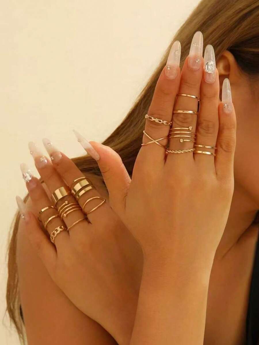 リング レディース セット 16個セット ゴールドトーン パーソナライズドリング、ヴィンテージミニマリストマルチリングセット、女性拍卖