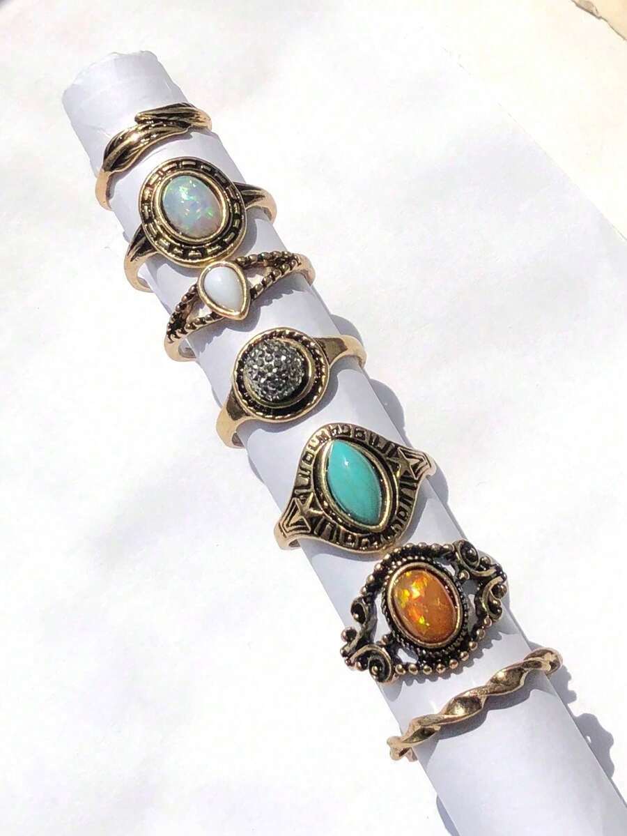 リング レディース セット 7個入りセット ビンテージゴールドトーン フォークジェムストーン ホロー フローラル彫刻メタルリング、拍卖