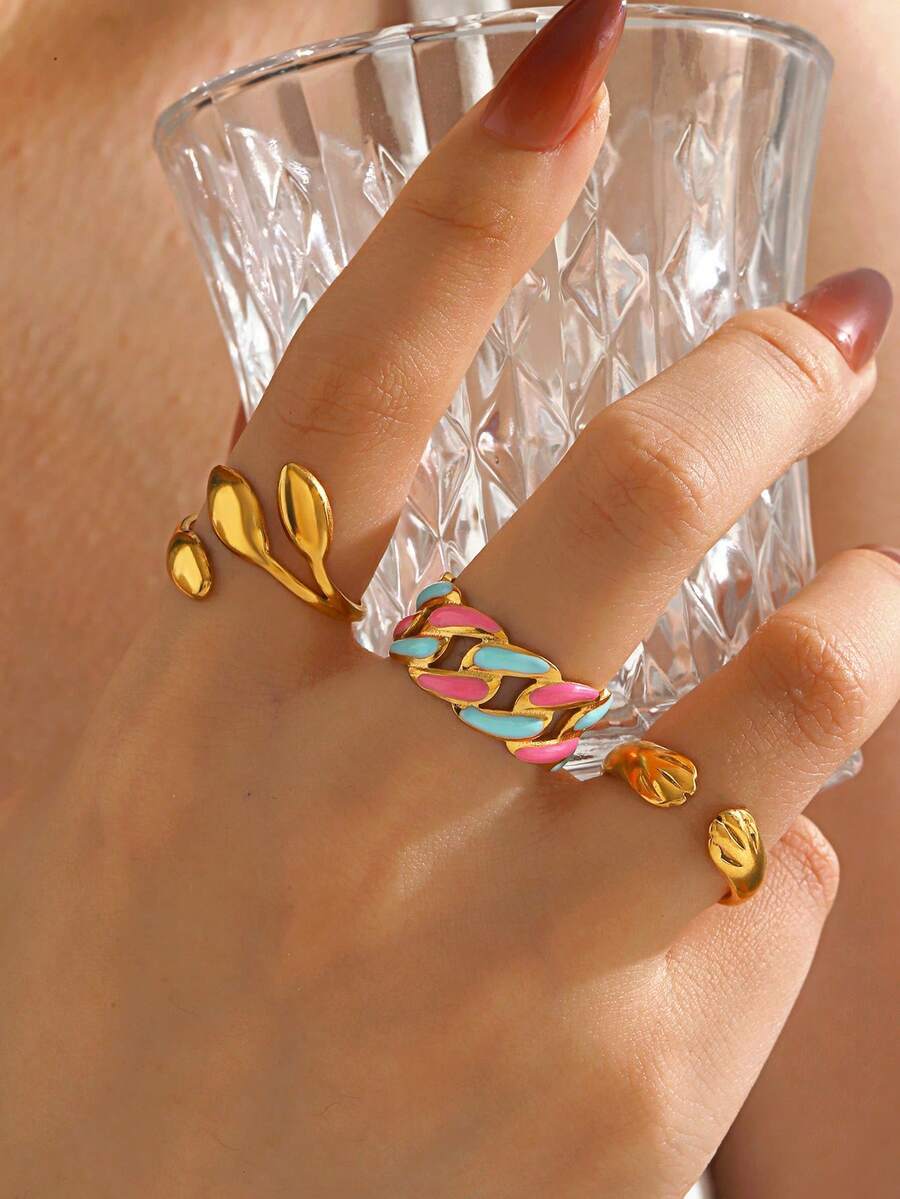 リング レディース セット 3個組 ステンレススチール 18Kゴールドメッキ ミニマリスト リーフチェーン オープンリング セット拍卖