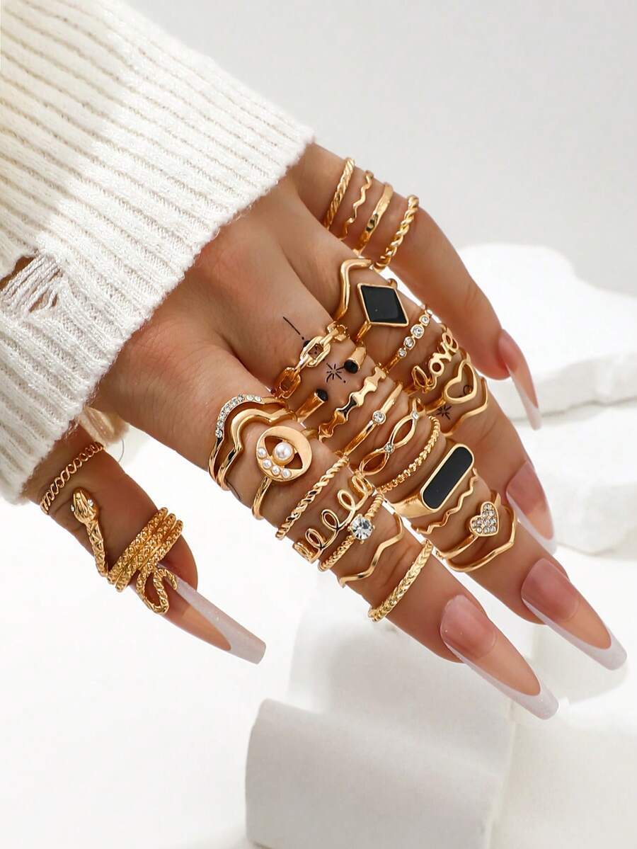 リング レディース セット 29個 ボヘミアン調 フェイクパール ドリップオイルリングセット、ヴィンテージ蛇、愛、ハート型の要素拍卖