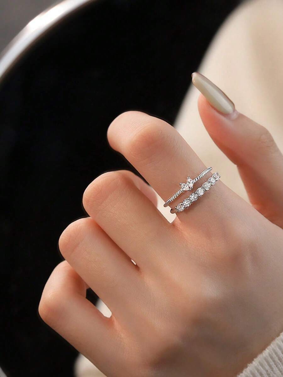 リング レディース セット ラグジュアリー ハート型 ラインストーン インレイ オープンリング 2個セット拍卖