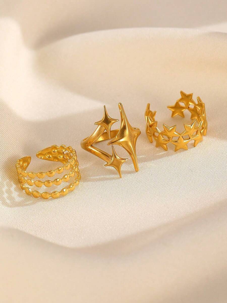 リング レディース セット 3個セット ファッショナブルな新作 シンプルで多用途な四角星ツイストスター ステンレス鋼 18Kゴール拍卖