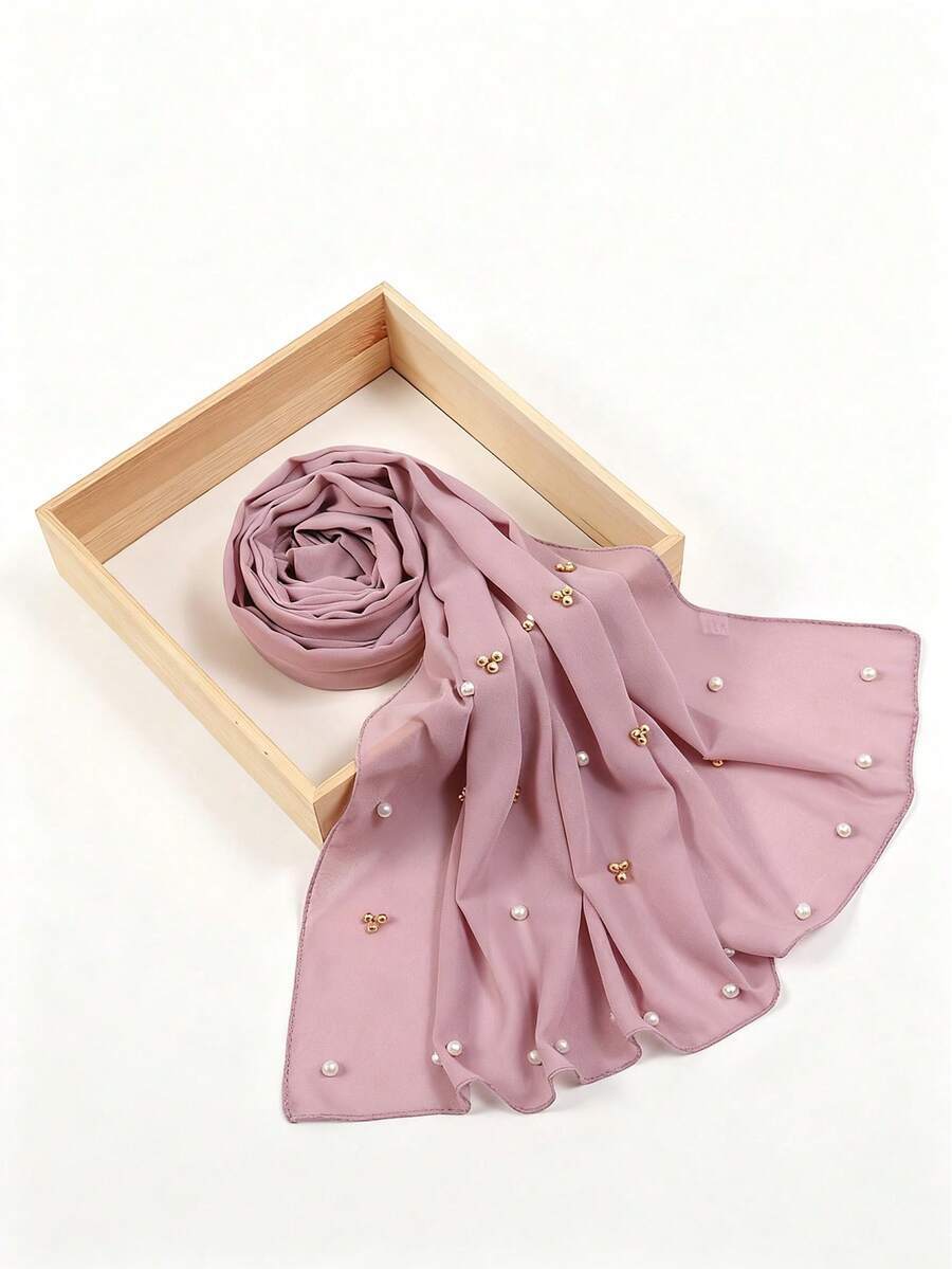 アクセサリー レディース スカーフ 1個 レディース 無地シフォンロングスカーフ パール装飾シフォンヘッドスカーフ拍卖