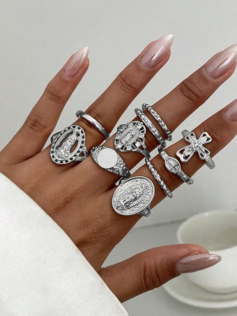 リング レディース セット ミニマリスト ヴィンテージ パンク ヒップホップ スタイル ラインストーン クロスリング 10個セット拍卖