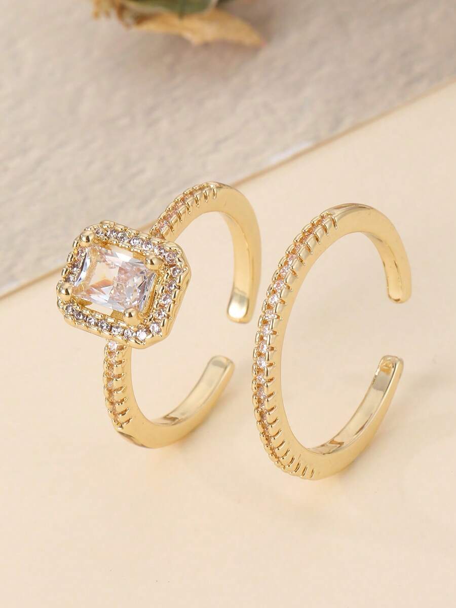 リング レディース セット 2個 ファッショナブルで多用途なシルバー キュービックジルコニア インレイ レディースリング、カップル拍卖