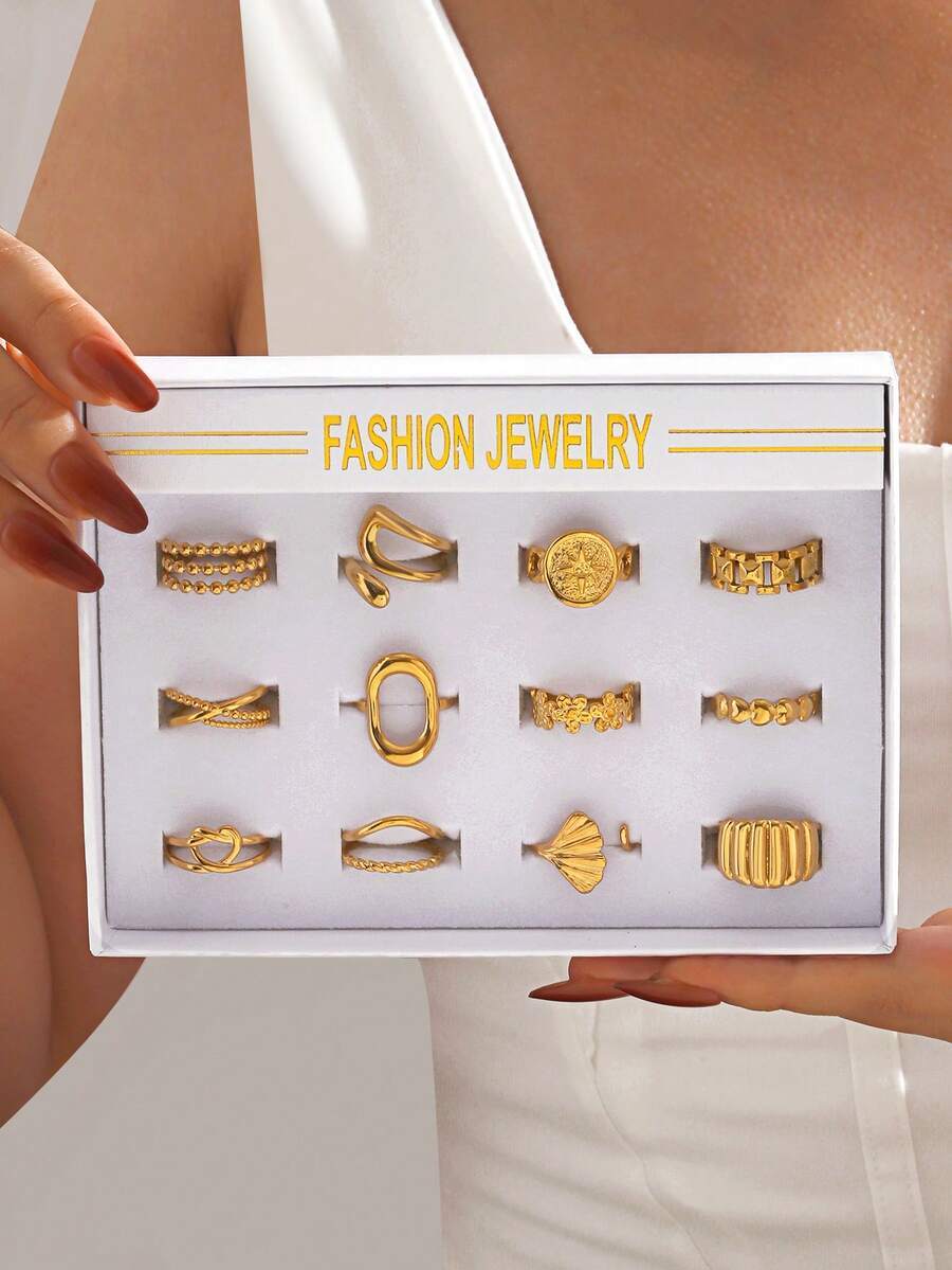 リング レディース セット 18Kゴールドメッキ ステンレススチール製 幾何学模様&ハート型リングセット 12個入り、ギフトボック拍卖