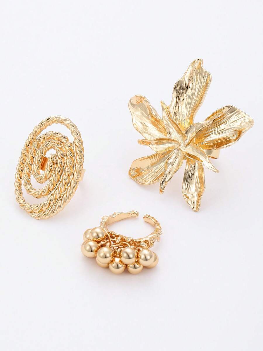 リング レディース セット 3個セット 誇張されたメタル大型フラワー&ビーズスパイラルリング、ファッションパターンリング ハロウィ拍卖