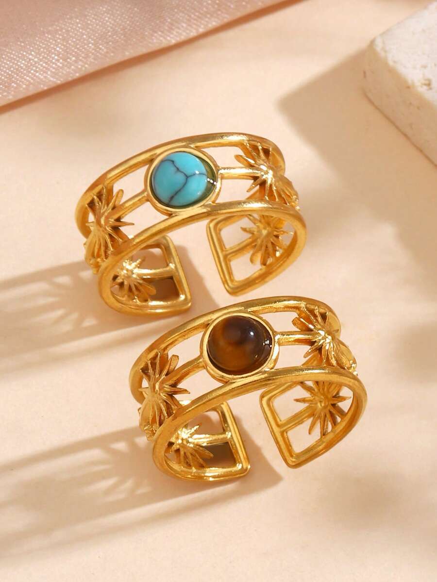 リング レディース セット ステンレス製ミニマリストデザイン 孔雀石/タイガーアイ インレイ 幾何学的ラウンド サンリング 2個セ拍卖