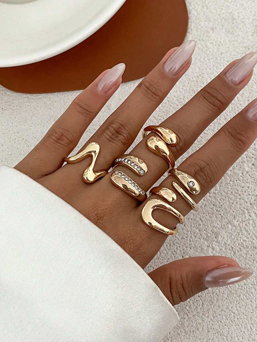 リング レディース セット クリスタルクラウン 5点セット、ヒップホップ ノックルリング、ビンテージメタル ウォータードロップ ジ拍卖