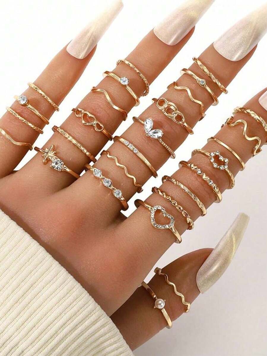 リング レディース セット 28個セット ミニマリスト ラインストーン ハート、波、星 幾何学リング セット、エレガントな女性への拍卖