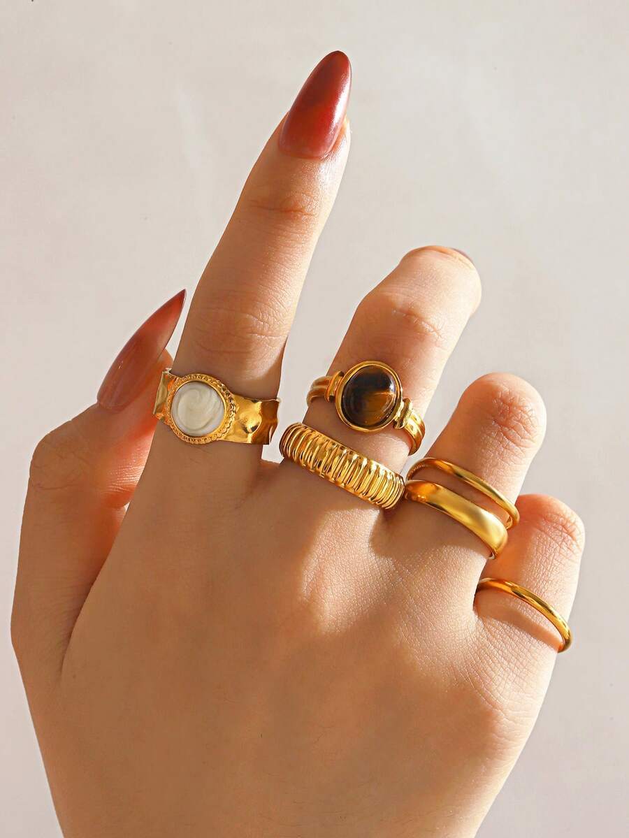 リング レディース セット 18Kゴールドメッキ ステンレススチール ファッショナブル幾何学柄オープンリング 5個セット、レディー拍卖