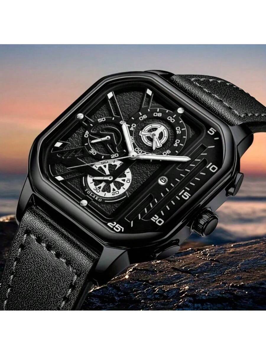 腕時計 メンズ クォーツ 1個 男性用カジュアルスポーツ スクエア数字インデックスダイヤル カレンダー表示クォーツ腕時計、クラシッ拍卖