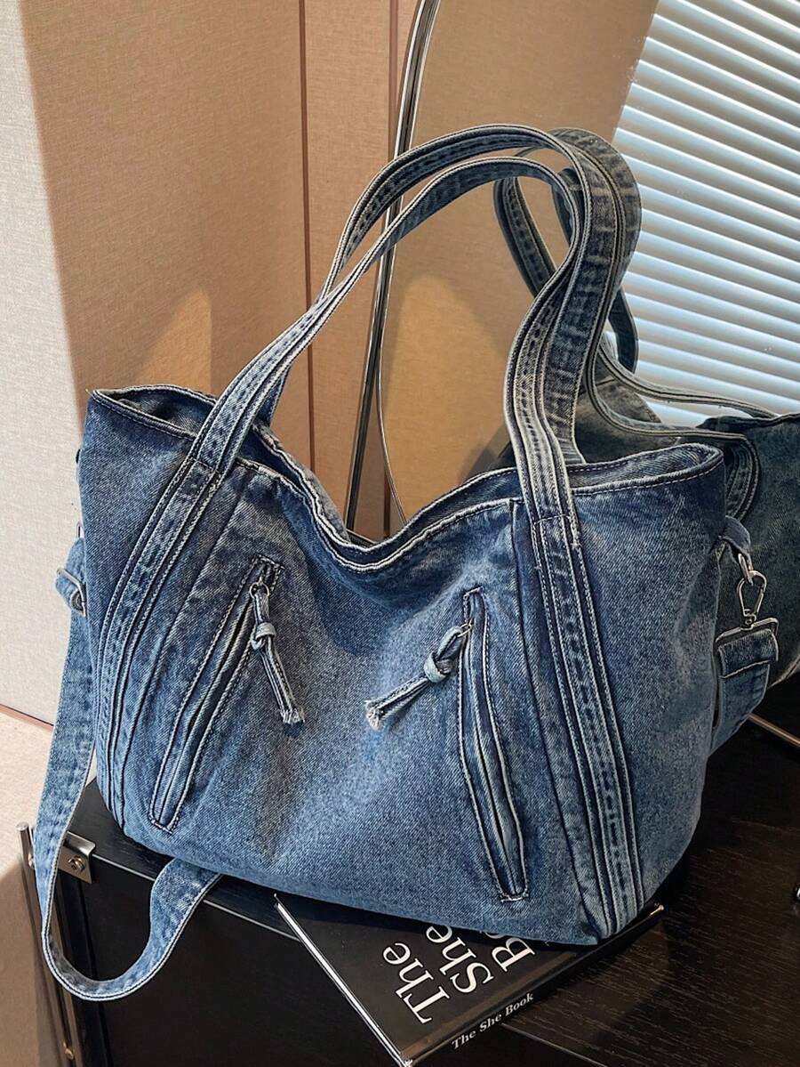 バッグ レディース トートバッグ 新作カジュアルソフトデニムトートバッグ、大容量トラベルバッグとフィットネススポーツバッグ、前面ダ拍卖