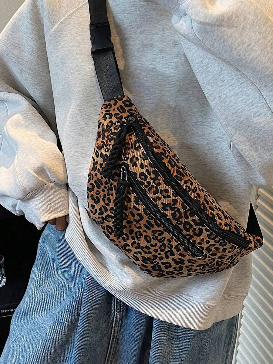バッグ レディース ウエストバッグ レディースファッション ヒョウ柄 冬 斜め肩 ウエストバッグ、編み込みジッパー カジュアルウエ拍卖
