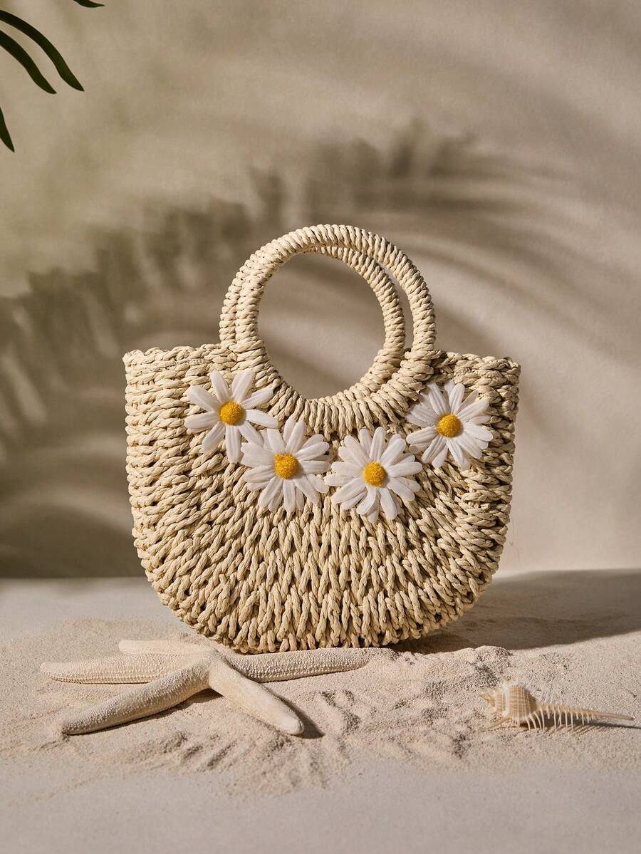 バッグ レディース ハンドバッグ ミニ ストロー編み クロスボディ ショルダーバッグ デイジー装飾 ハンドバッグ サマーバッグ、夏拍卖