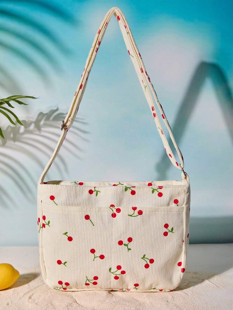 バッグ レディース ショルダーバッグ 1個 いちご&さくらんぼ柄コーデュロイ レディースクロスボディバッグ、調節可能な肩ひも、スク拍卖