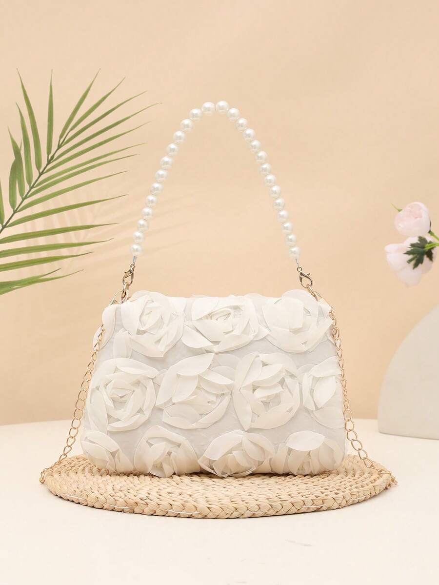 バッグ レディース ドレスバッグ 1個 エレガントな3Dローズフラワーショルダーバッグ、メタルチェーンクロスボディバッグ、フェイク拍卖