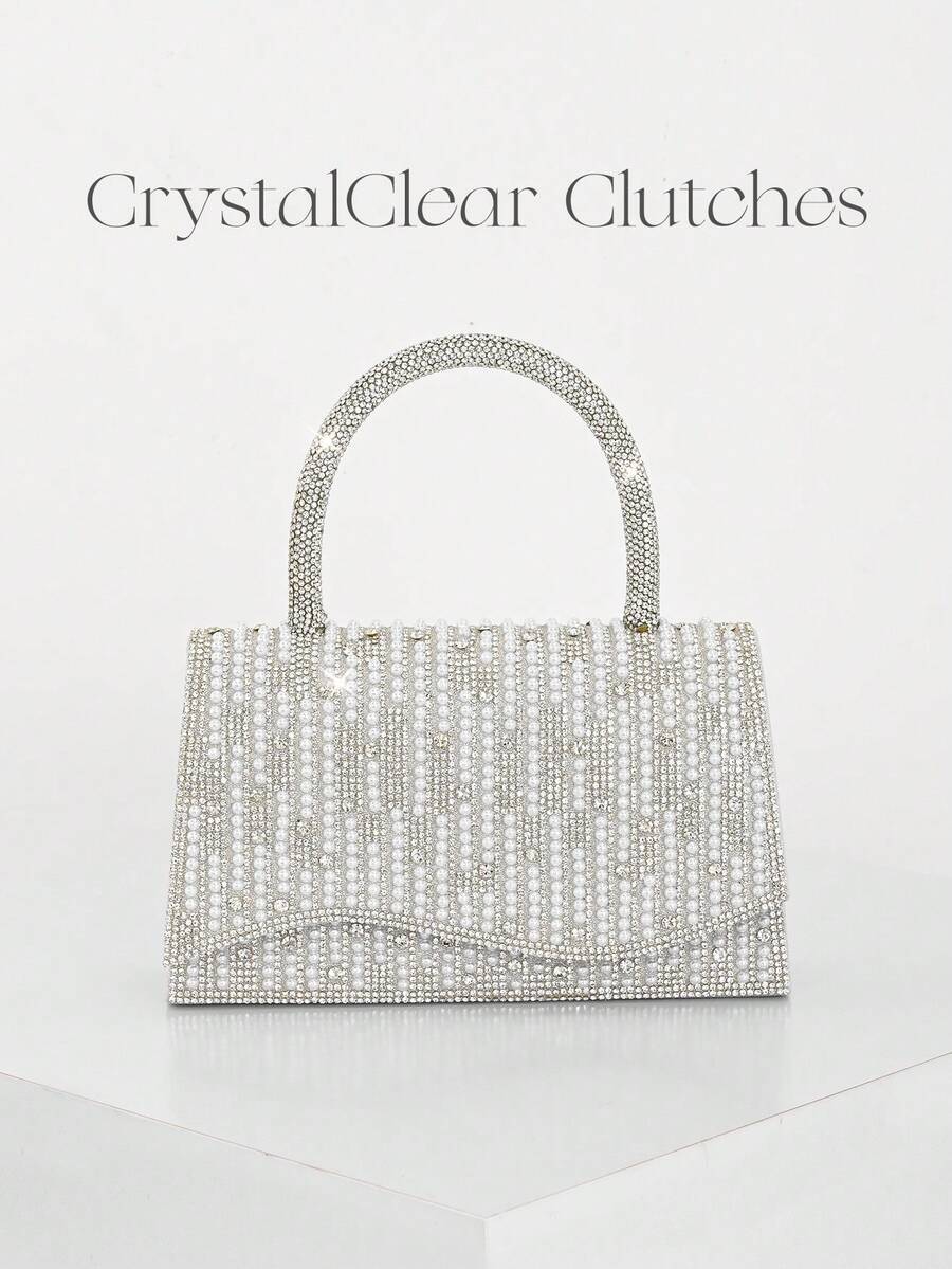 バッグ レディース ドレスバッグ ファッショナブルなパール&ラインストーンデコレーション フラップデザイン イブニングバッグ、贅沢拍卖