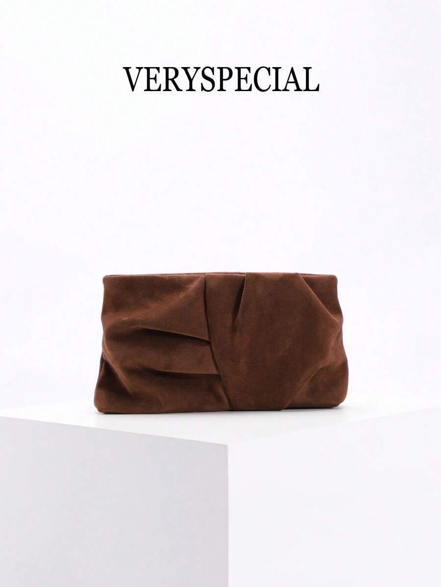 バッグ レディース クラッチバッグ 1個 高品質レトロブラウンスエード調クラッチバッグ、マーレーン風レディースレザーフリルハンドバ拍卖