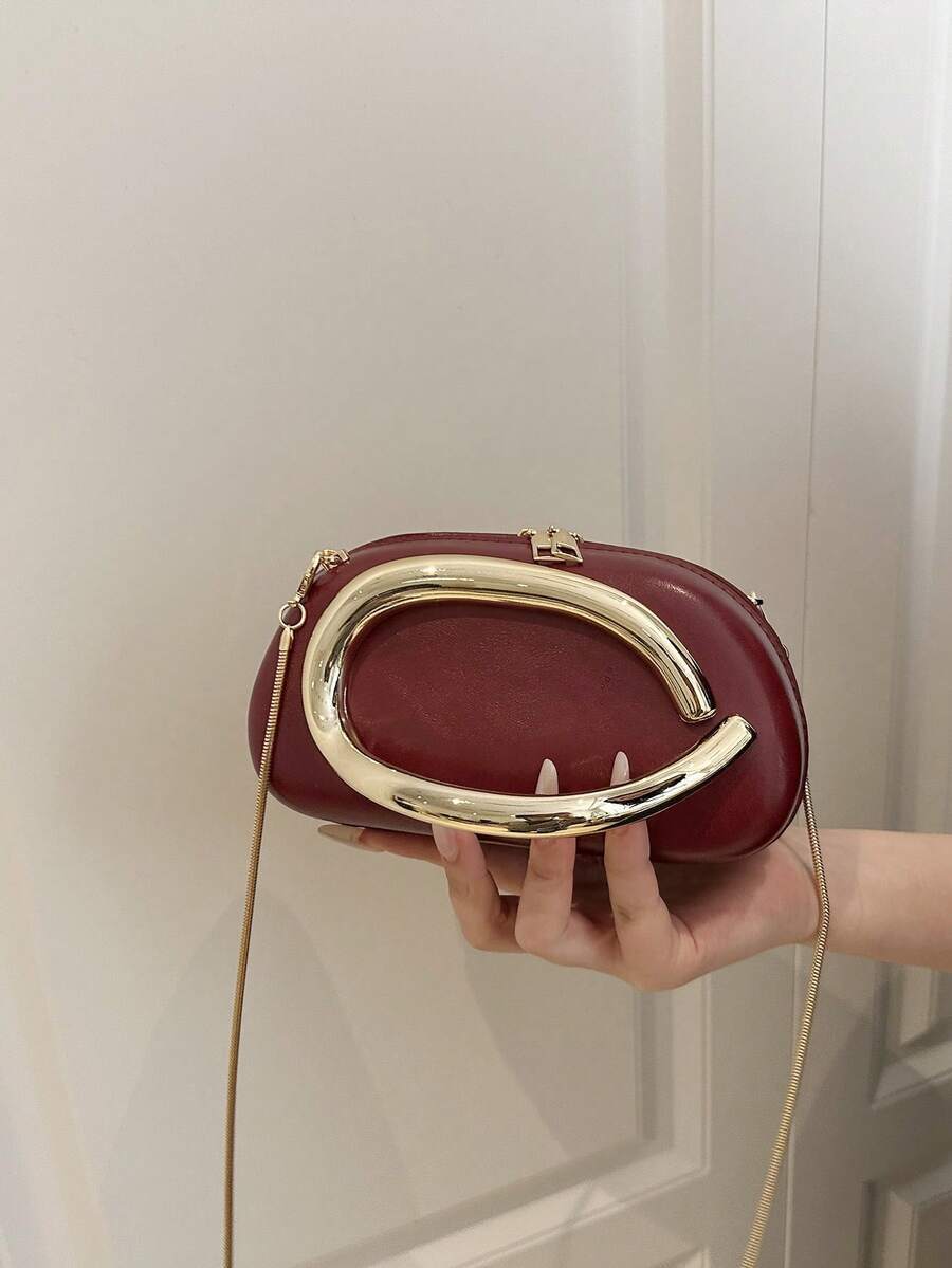 バッグ レディース ドレスバッグ ビンテージ調 メタルデコールクラッチボックスバッグ、新作バーガンディー色ブライダル ウェディング拍卖