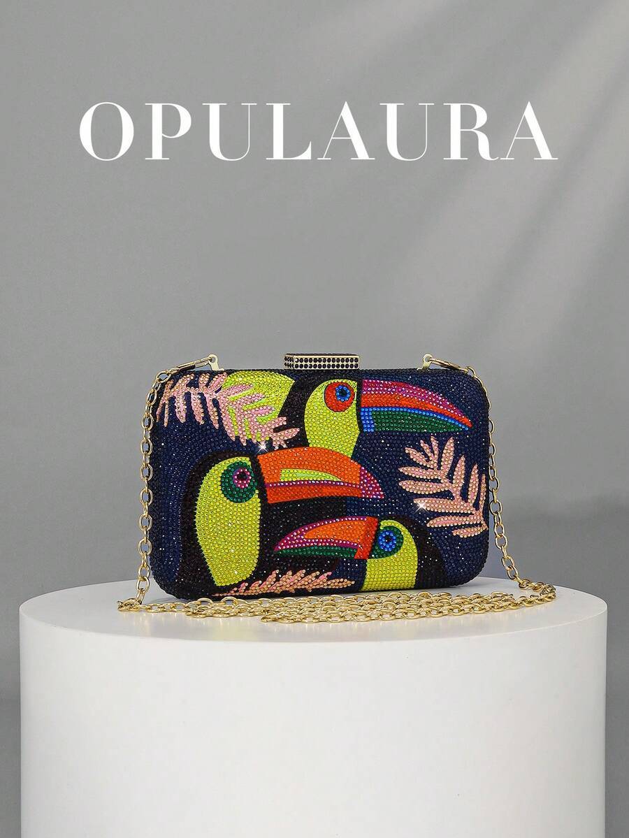 バッグ レディース ドレスバッグ ファッショナブルなラインストーンのトゥカンパターンのパーティークラッチ、ヨーロピアンデザイン、ブ拍卖