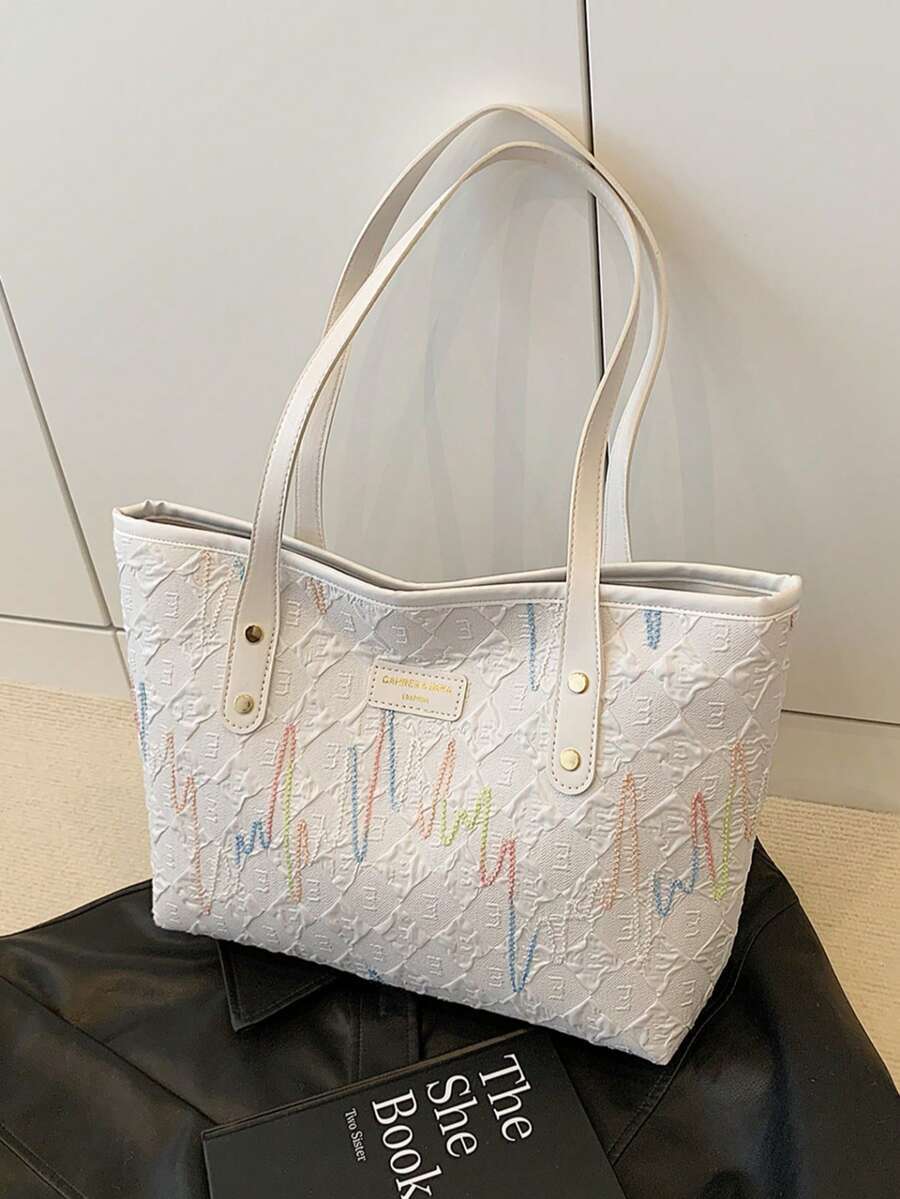 バッグ レディース トートバッグ ファッションカジュアル レインボー刺繍 大容量 キャンパススタイル ポリエステル トートバッグ、拍卖