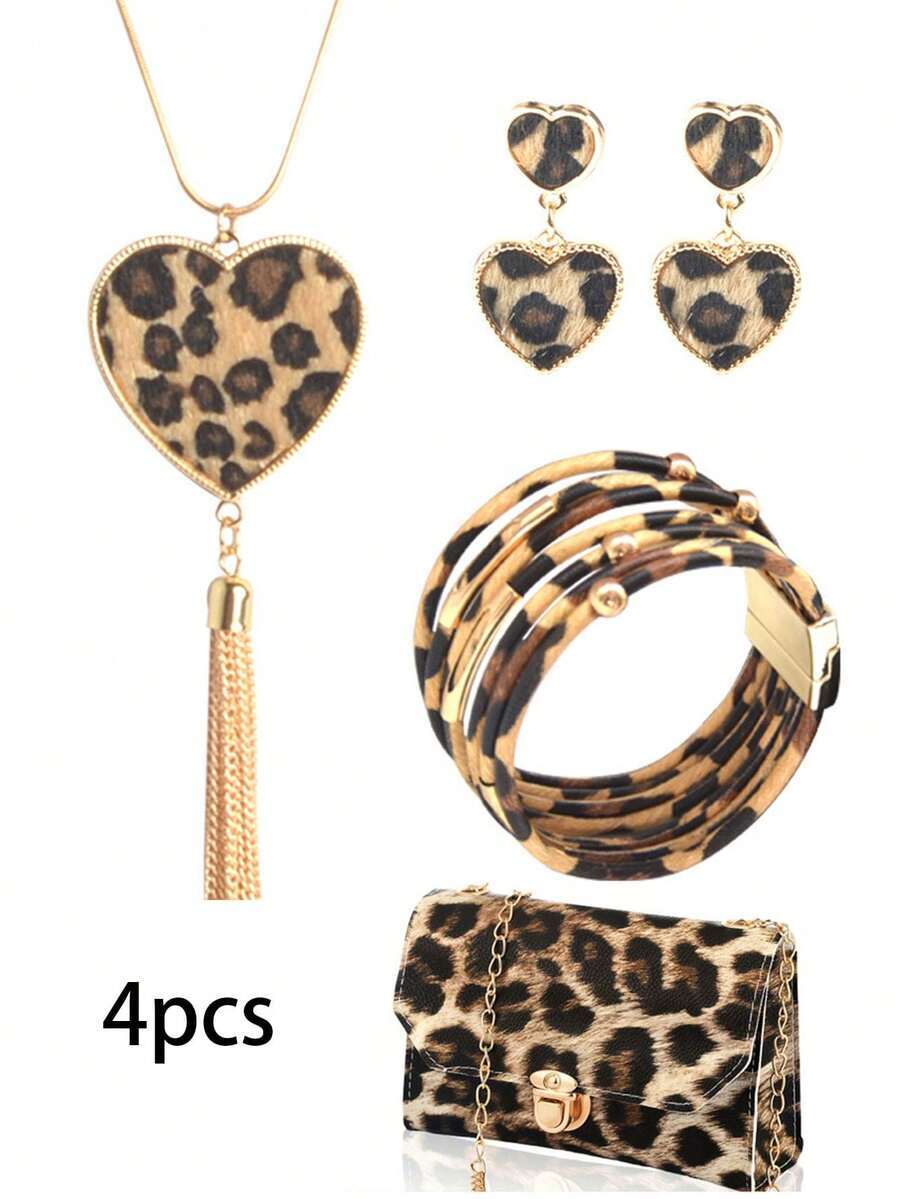 バッグ レディース ドレスバッグ レオパード柄バッグとレオパード柄ジュエリーセット 女性用 - 合金製ピアス、ブレスレット、タッセ拍卖