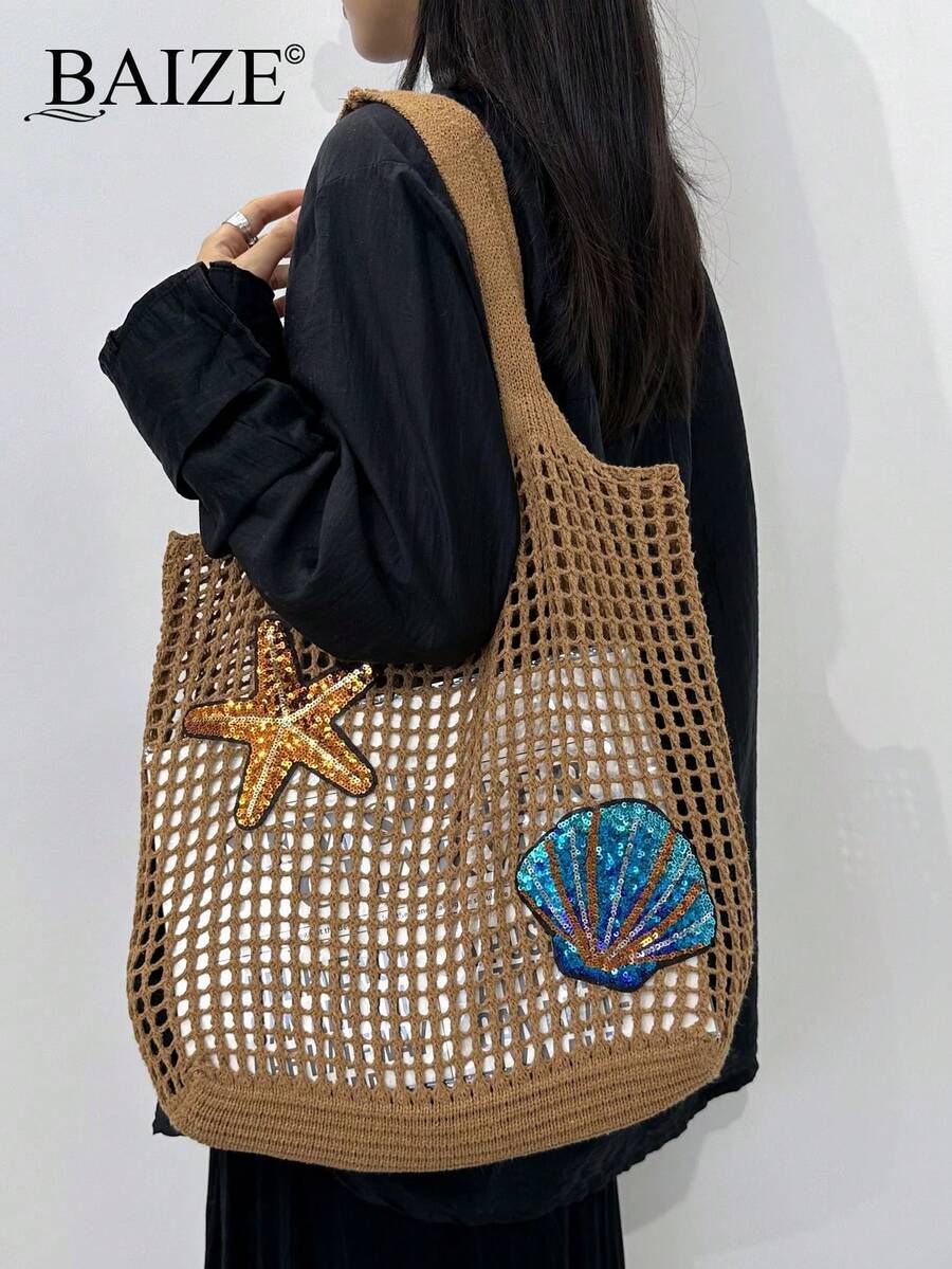 バッグ レディース トートバッグ 新作 ヒトデ柄 夏 レディース レトロ ビーチバッグ 手編みショルダーストラップ クロシェ 大容拍卖