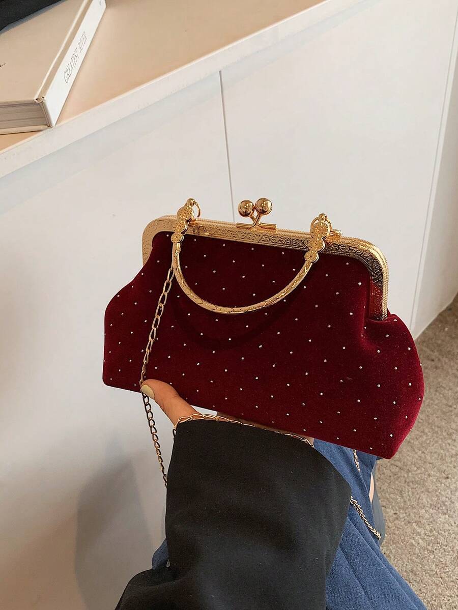 バッグ レディース ハンドバッグ 2025年新作 ラインストーンチェーンデコレーション イブニングバッグ、レディースファッションハ拍卖