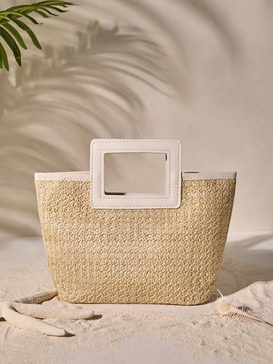 バッグ レディース ハンドバッグ コントラストバインディング、ストローバッグ、ストロービーチバッグ、ビーチ必需品、ビーチエッセンシ拍卖