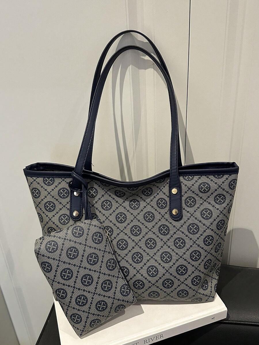 バッグ レディース トートバッグ 1個 ネイビーブルートートバッグ、メタルリベットデコレーション、ヴィンテージフローラルパターン、拍卖