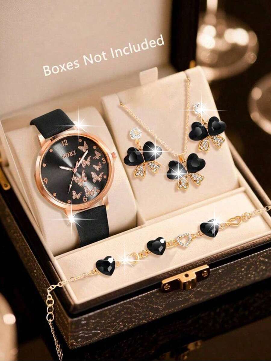 腕時計 レディース セット 女性用腕時計セット:ファッショナブルなクラシックカジュアル クォーツ腕時計、ブラックバタフライ レディ拍卖