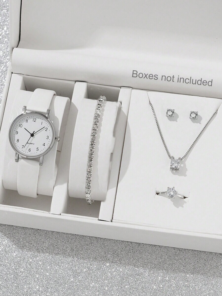 腕時計 レディース セット 女性用時計5個セット 、カジュアル&ファッショナブルな白いレザーストラップ 、ジンク合金腕時計、ライン拍卖