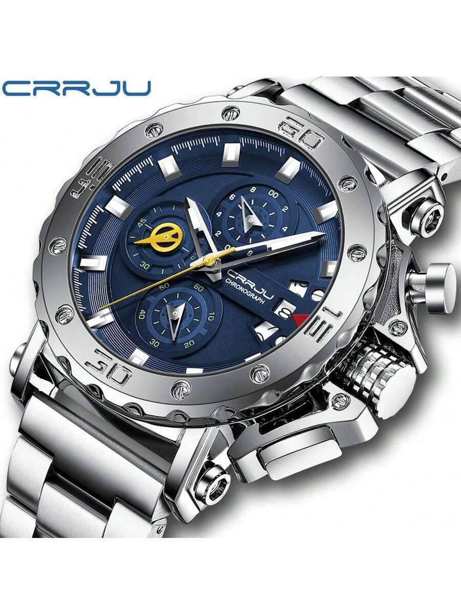 腕時計 メンズ クォーツ 大型ダイヤル メンズスポーツウォッチ、多機能クロノグラフ、ソリッドステンレススチールバンド、耐水性拍卖
