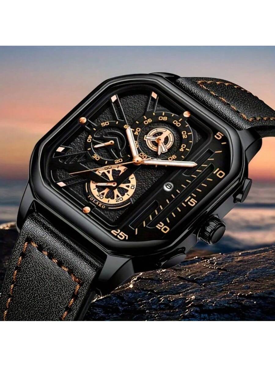 腕時計 メンズ クォーツ 1個 男性用 カジュアルスポーツレザーベルト クォーツ腕時計、正方形の日付表示ダイアル、クラシックデザイ拍卖