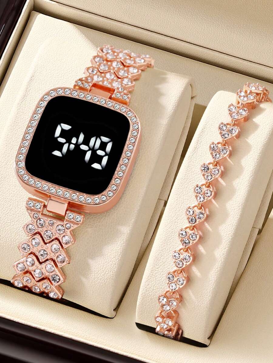 腕時計 レディース セット 新しいデジタル腕時計セット ブレスレット付き スクエア レディース腕時計 合金 学生 女の子 タッチ拍卖