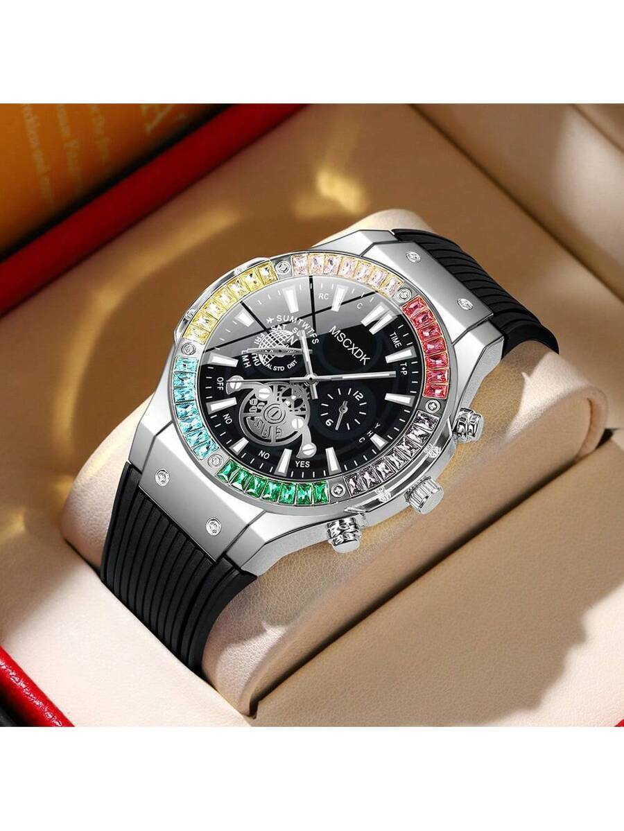 腕時計 メンズ クォーツ トップブランド メンズ腕時計、シリコンストラップ、クリスタルデコレーションダイヤル、カジュアル ミリタリ拍卖