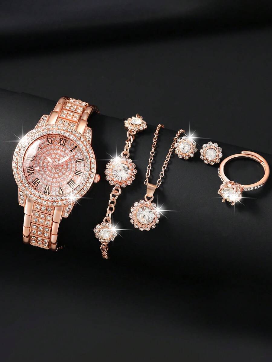 腕時計 レディース セット 1セット レディース腕時計 ジンクアロイストラップ ラインストーン装飾 丸型ダイヤル クォーツ腕時計拍卖