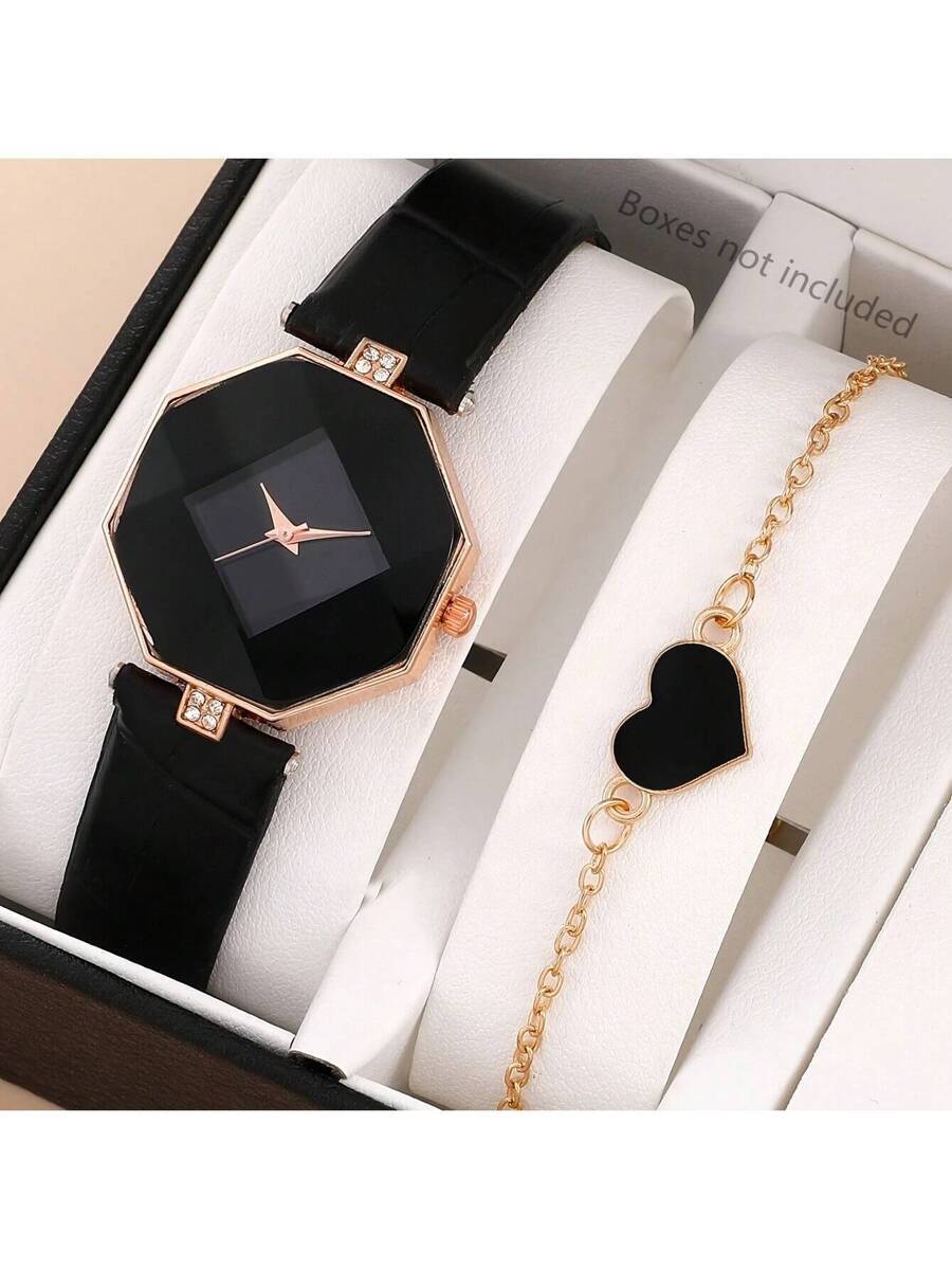 腕時計 レディース セット 女性用腕時計2本セット、クオーツウォッチ、ストラップ、特殊形状ケース、マッチングチェーン、合金製ラブブ拍卖