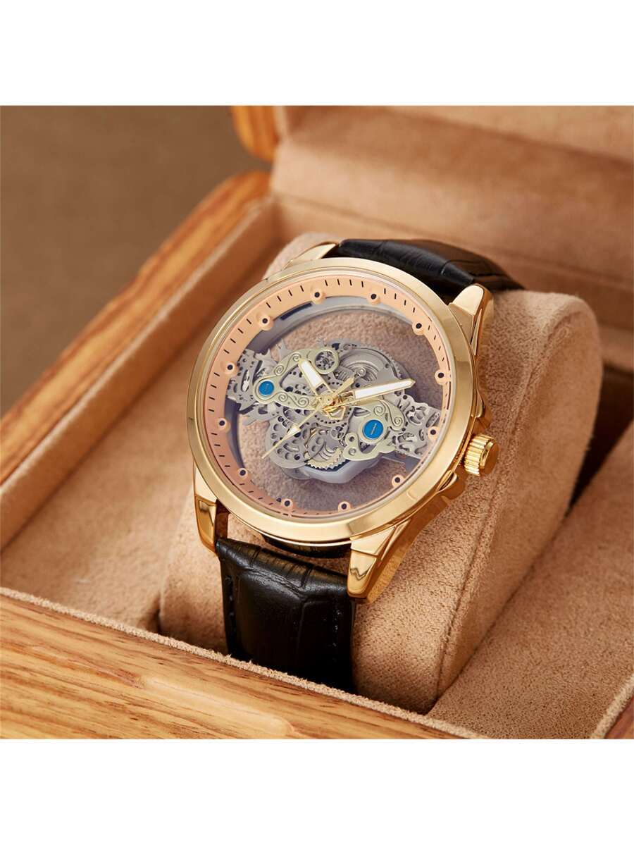 腕時計 メンズ クォーツ カジュアルウェア用中空アウトクラシックPUレザーストラップクォーツ時計拍卖