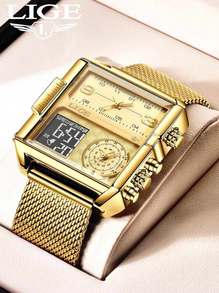 腕時計 メンズ デジタル メンズファッションビジネス ゴールド スクエア 電子腕時計 LG8925拍卖